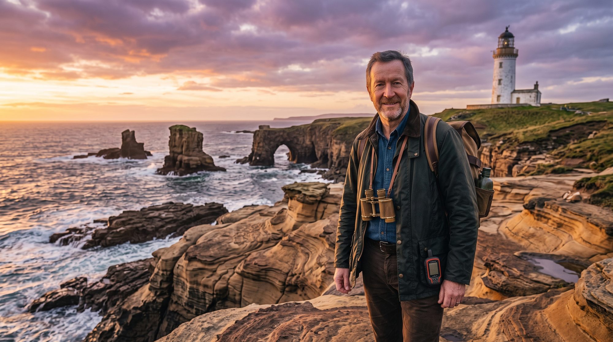 Paul Averlin on a rocky headland at dusk, a white lighthouse behind him